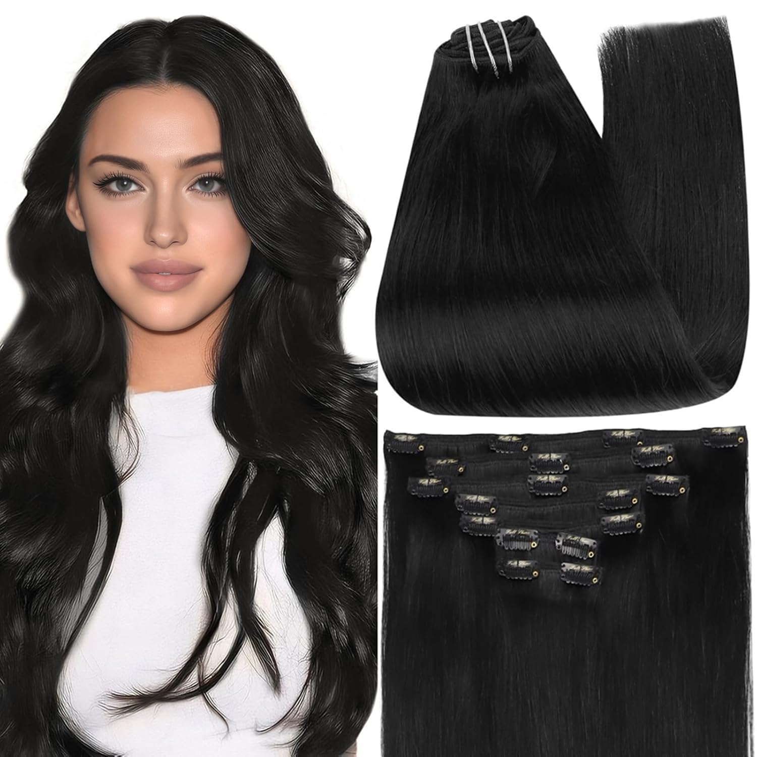 Full Shine Black Clip in Hair Extensions 24 Inch Remy Hair Extensions Clip ins H