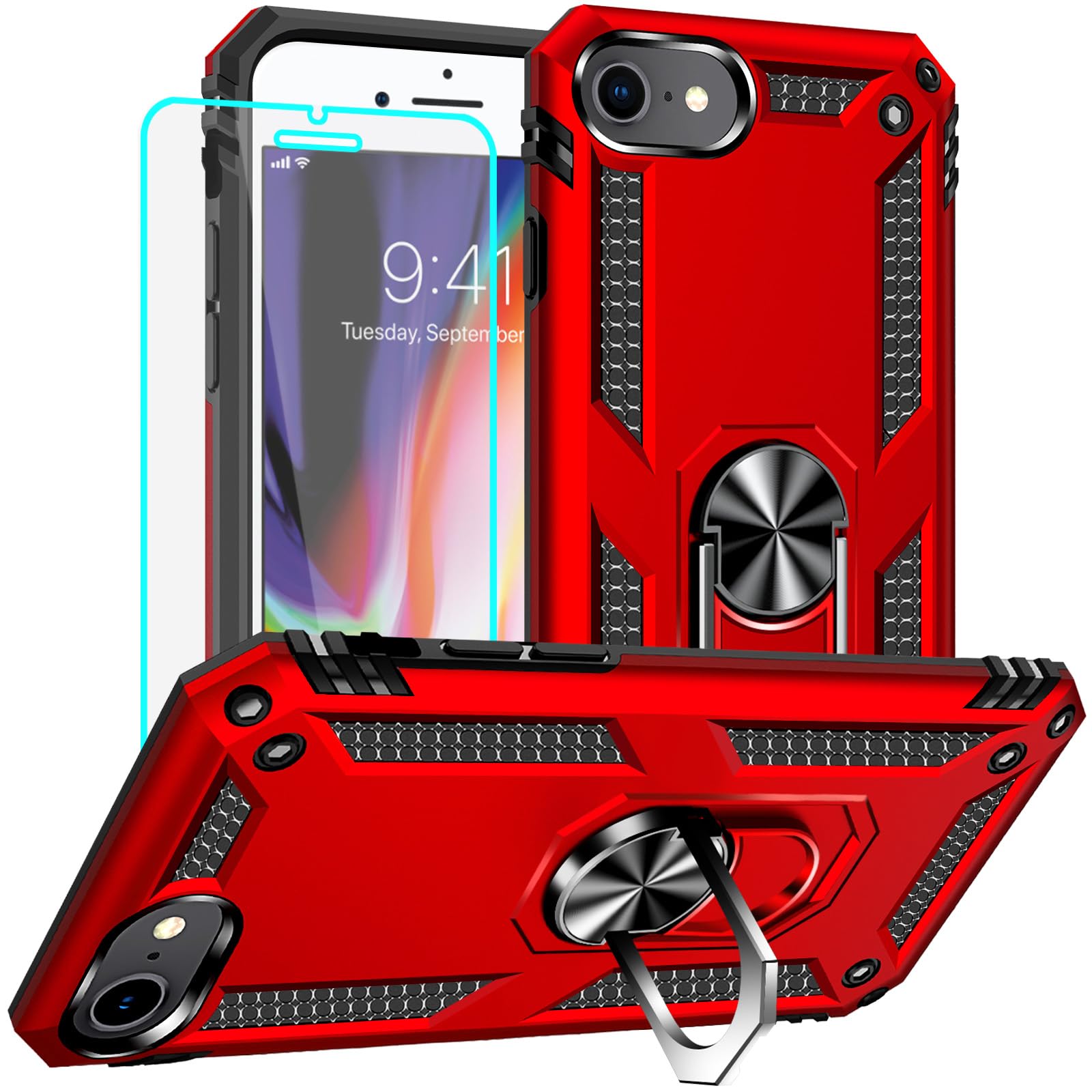 Yiakeng iPhone 8/7/SE 2020/2022 Case with Screen Protector, Kickstand Red