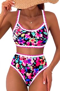 Yonique Damen-Bikini-Set mit hoher Taille, zweiteiliger Badeanzug mit Blumendruck