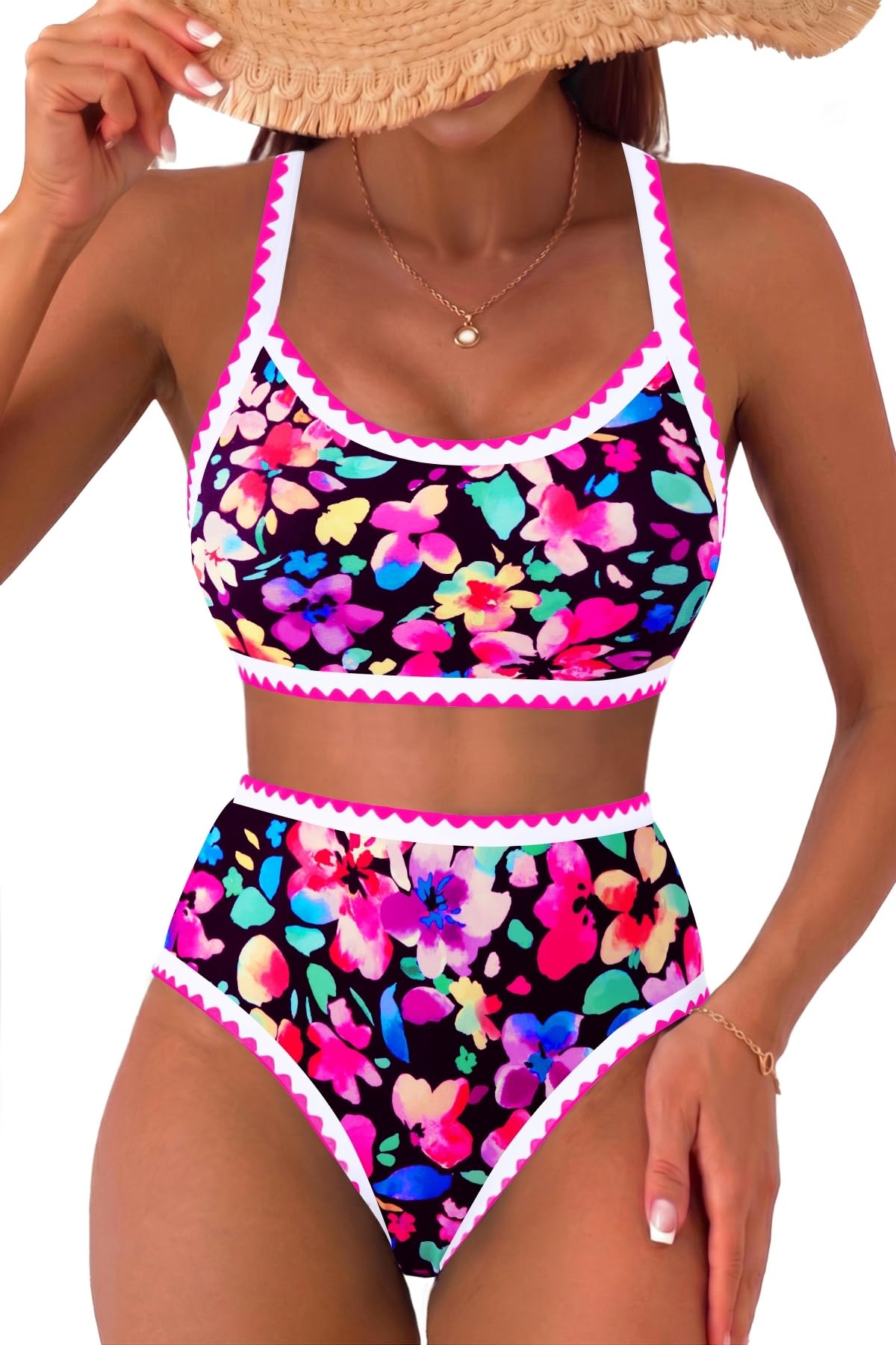 Yonique Damen-Bikini-Set mit hoher Taille, zweiteiliger Badeanzug mit Blumendruc