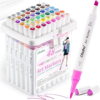 Ohuhu Alcoohol Markers Brush Chisel 48 Colors for Beginner Great Value Pack | Dual Tips Alcohol-based Art Markers for Adult Coloring Illustration, Great Value Pack for Beginners with Unique Designed Grip