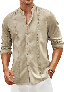 COOFANDY Men's Cuban Guayabera Shirt Casual Long Sleeve Button Down Shirts Band Collar Linen Summer Beach Shirt