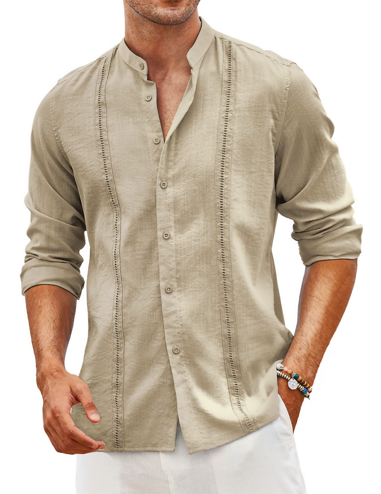 COOFANDY Men's Cuban Guayabera Shirt Casual Long Sleeve Button Down Shirts Band 