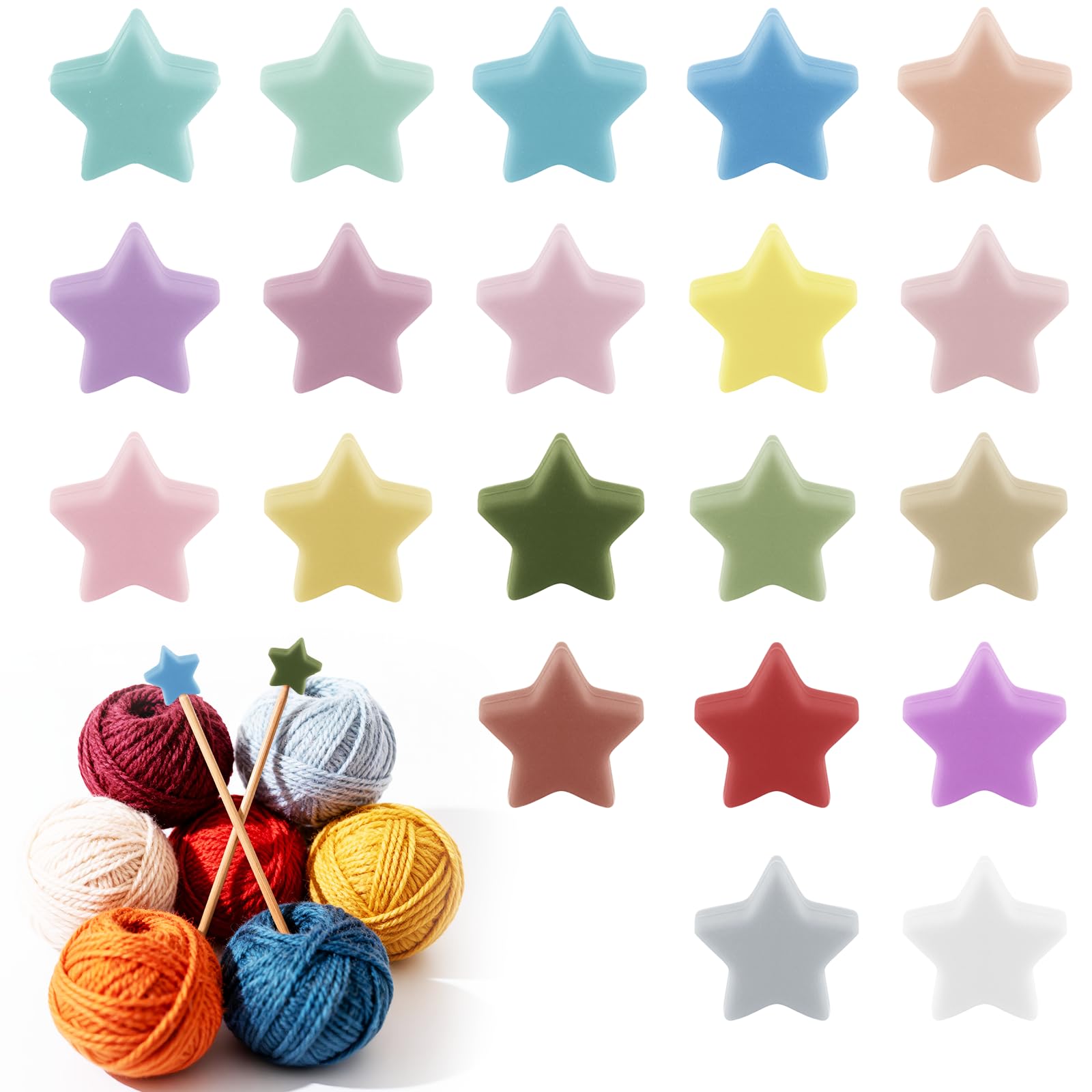 ZZXLLRO Star Knitting Needle Stoppers Silicone Fit 2.5-13 (3mm-9mm) | 20pcs, All