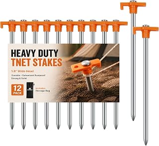 12 Pack Tent Stakes Heavy Duty Camping Stakes,AVOFOREST 7.1inch Non-Rust Metal Tent Pegs with Storage Bag Ground Stakes Tent Spikes Camping,Garden,Hiking Orange (Orange 12pcs, 7.1IN)