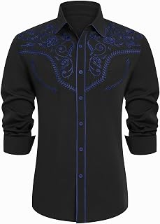 Men's Western Cowboy Shirt Embroidered Long Sleeve Button Down Shirt