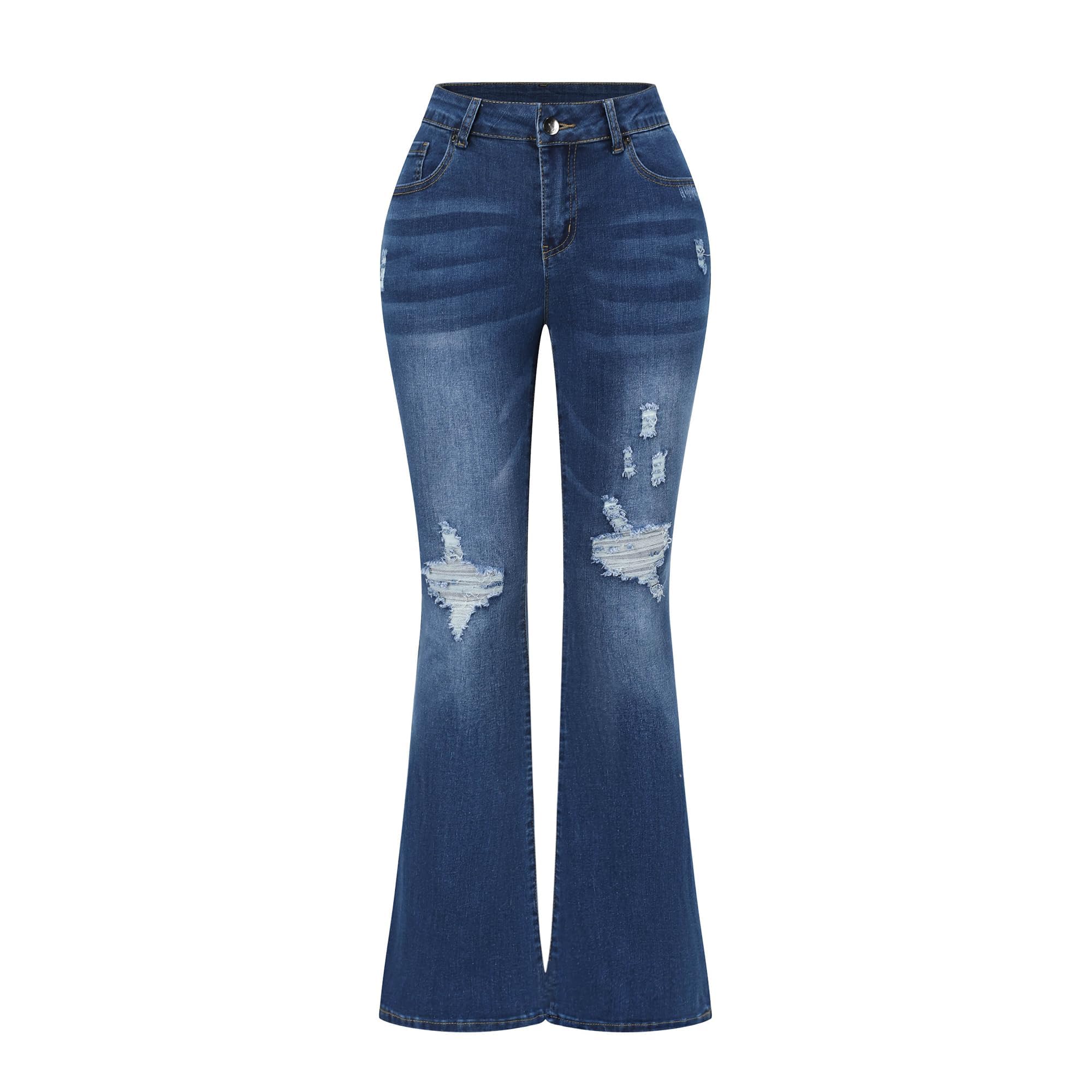 THUNDER STAR Ladies Stretch Mid Rise Flared Distressed Denim Bell Bottom Trouser