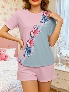 Women's Casual Pajama Set, Short Sleeve Top and Shorts, Soft, Loose and Comfortable Loungewear with Cute Print