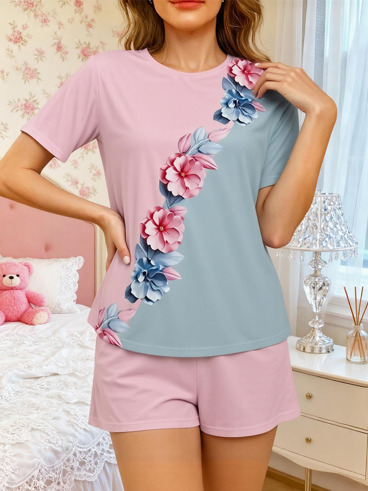 Women's Casual Pajama Set, Short Sleeve Top and Shorts, Soft, Loose and Comforta