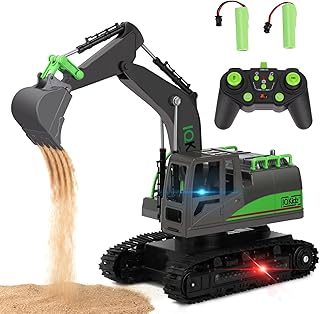 IQKidz Remote Control Excavator Toys for Boys 4-7 Yrs Old - Best Birthday Gift for Kids Age 3 5 8 9 10+, Metal Shovel Construction Vehicles with Light Sound, Rechargeable RC Tracked Digger
