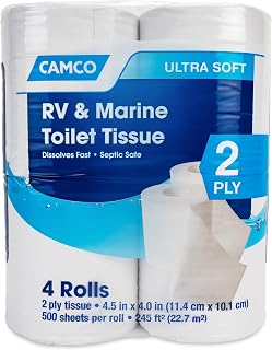 Camco Marine & RV Toilet Paper — 2-Ply — Septic Safe — Dissolves Fast — Dye & Fragrance Free — 4-Rolls (500 Sheets Per Roll) (40274)