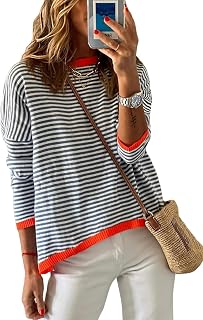 Cuptacc Ladies Jumpers Cotton Long Sleeve Tops Women Striped Sweatshirts Tunic Tshirts Women Crew Neck Jumper