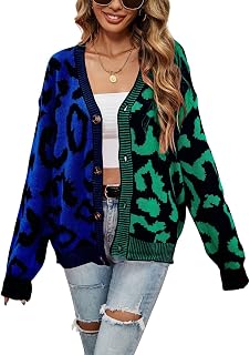 chouyatou Women's Color Block Leopard Print Button Down Long Sleeve Cardigan Sweaters