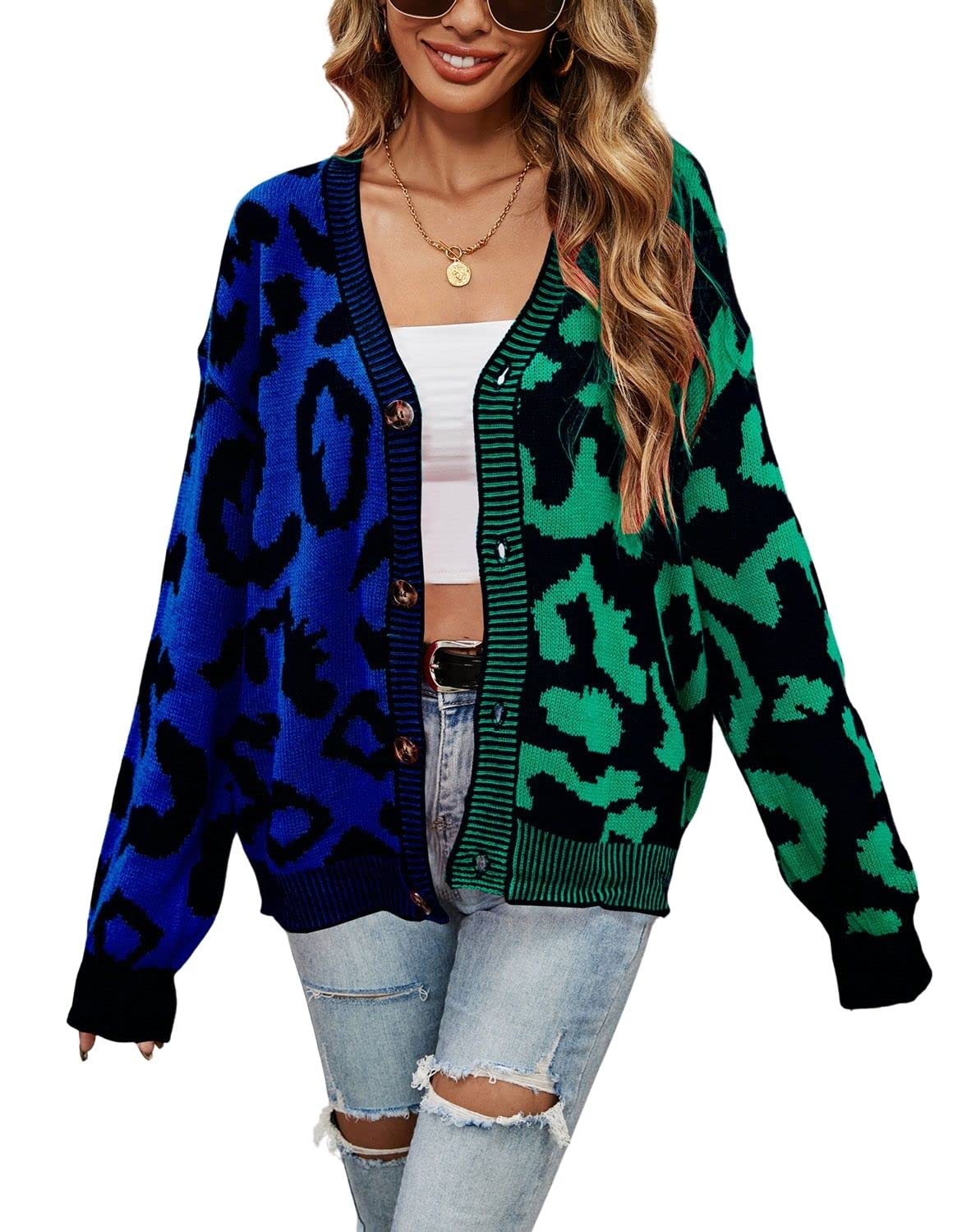 chouyatou Women's Color Block Leopard Print Button Down Long Sleeve Cardigan Swe