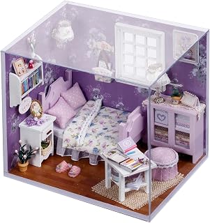CUTEROOM Cozy Bedroom Miniature DIY Kit | Dust Cover, 14+,Warm LED Lights