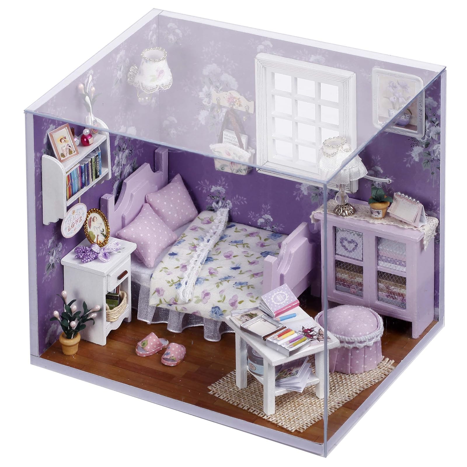 CUTEROOM Cozy Bedroom Miniature DIY Kit | Dust Cover, 14+,Warm LED Lights