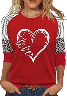 Vircreate Womens 3/4 Sleeve Crew Neck T-Shirts Valentina's Day Spring Shirts Love Heart Raglan Tops