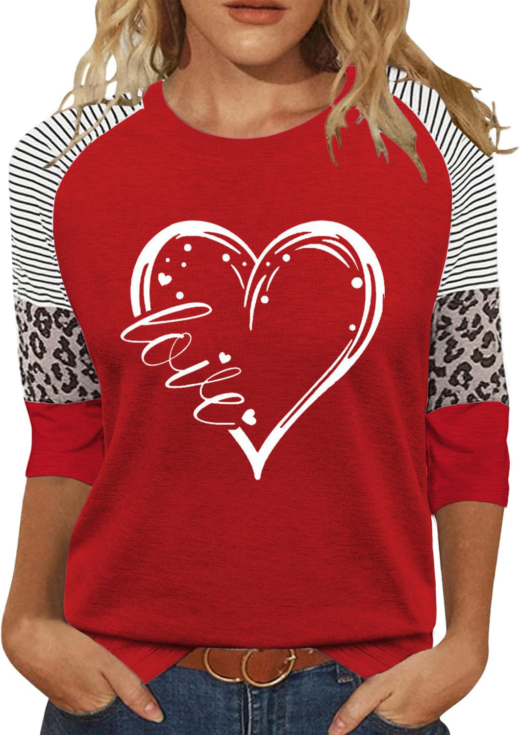 Vircreate Womens 3/4 Sleeve Crew Neck T-Shirts Valentina's Day Spring Shirts Lov