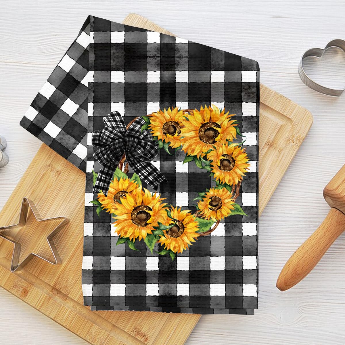 Sunflower Release & Buffalo Check Kitchen Towel, Absorbent Microfiber Decorative