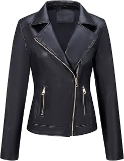 Bellivera Women's Faux Leather Short Jacket Belted Moto Casual Coat with Two Zipper Pockets