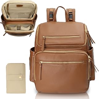 Omanmoli Diaper Bag Backpack Large Baby Diaper Bag Leather with 17 Diaper Bag Organizing Pouches,Changing Pad,Stroller Straps,4 Insulated Pockets,Brown