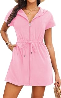 Terry Cloth Cover Ups - Hooded Cotton Swim Sun Cover-up with Zipper Pockets Beach Swimsuits