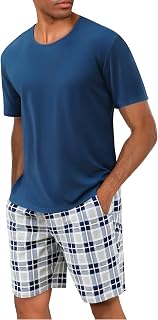 Uniexcosm Men's Short Cotton Pyjamas Set Short Round Neck Short Sleeve Pyjamas Top and Bottom Man Summer with Side Pockets