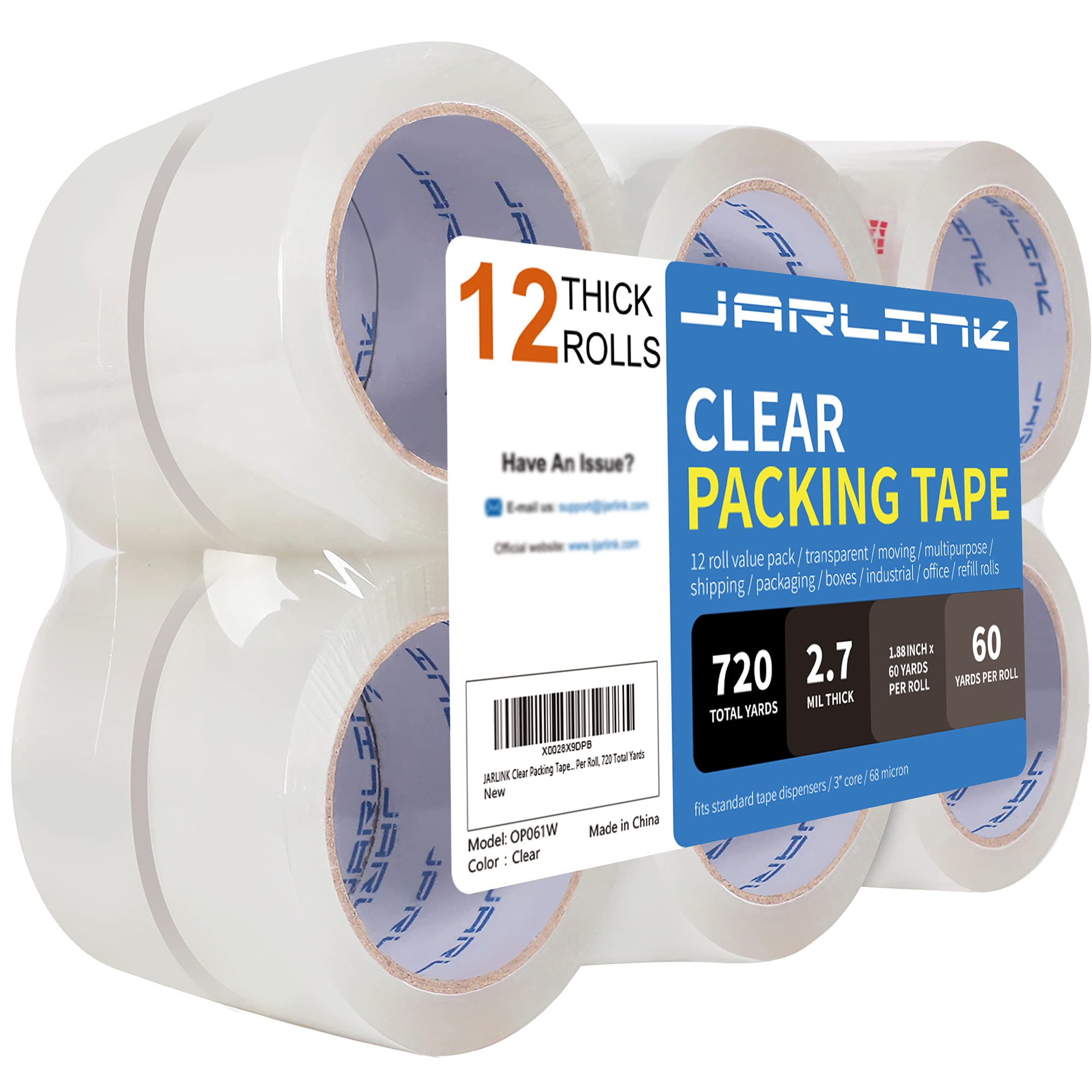 JARLINK 12 Rolls Clear Packing Tape, Heavy Duty Packaging Tape | 2.7mil Thick an
