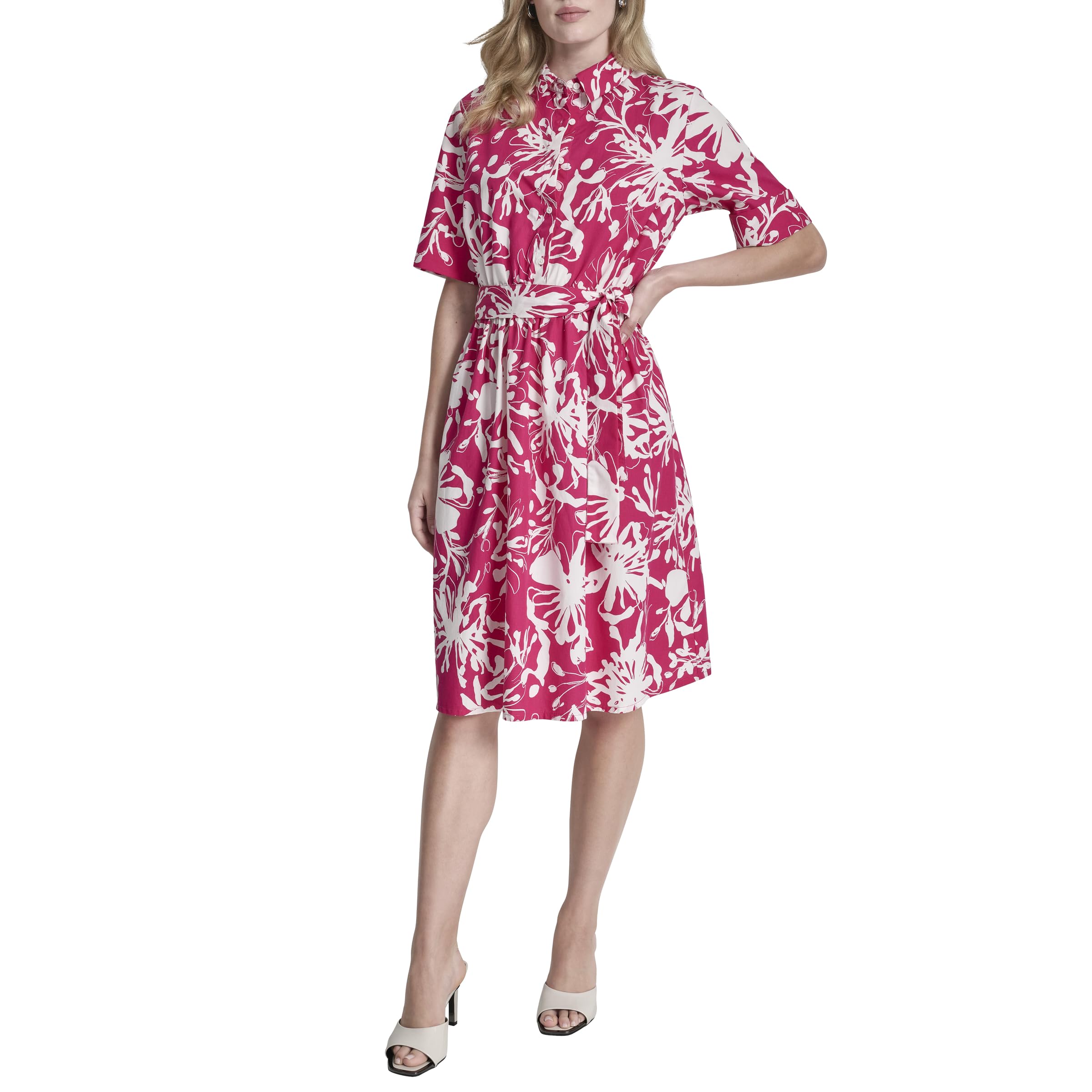DKNY Womens 3/4 Sleeve Collared Neck Cotton Poplin Shirt Dress
