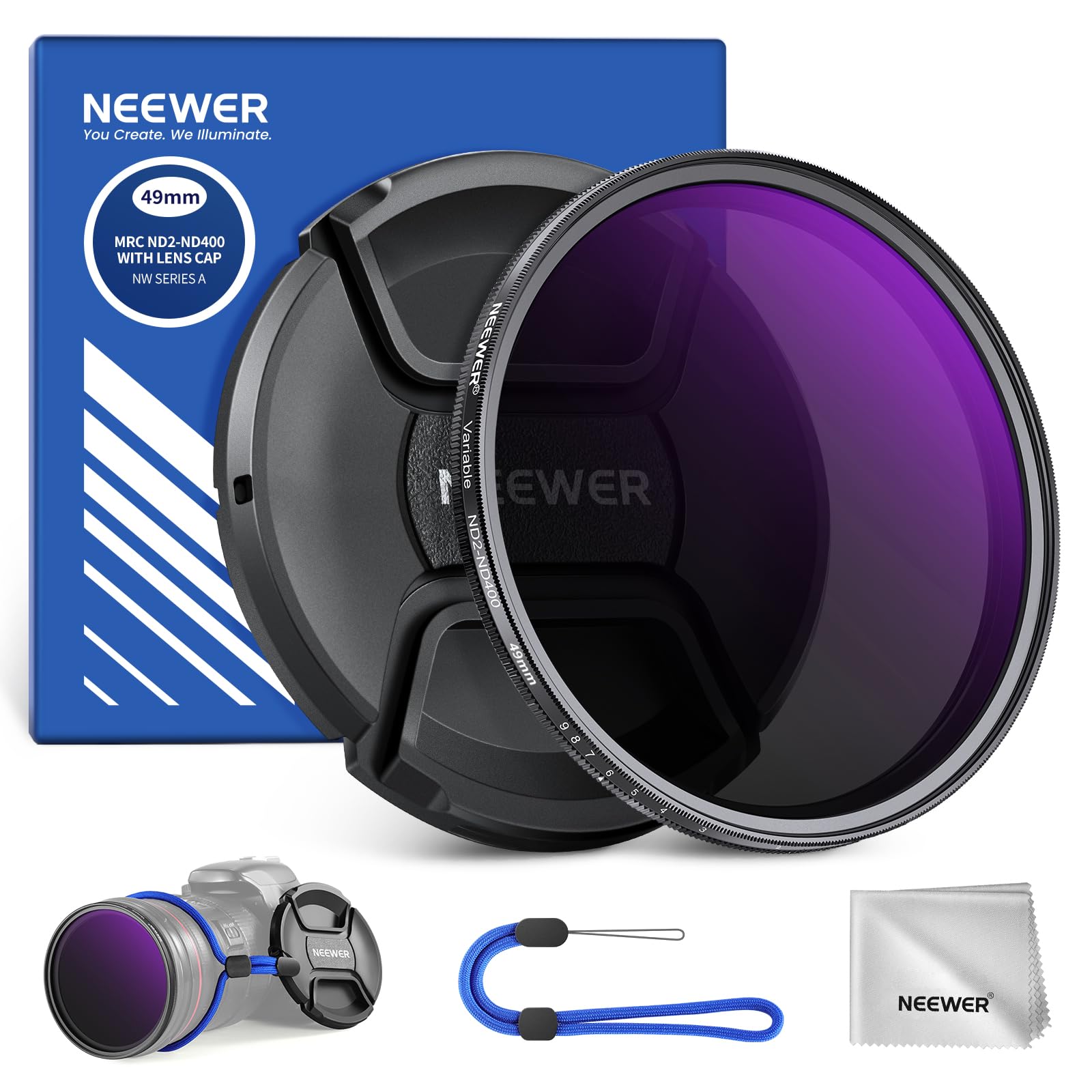 NEEWER 49mm ND2-400 (1-9 Stops) Variable ND Filter with Lens Cap, Lanyard, Clean