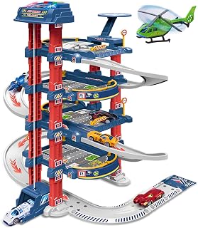 DUYOYU City Ultimate Garage Track Set with Electric Elevator, Upgrade 5 Levels Toy Car Garage with 5 Die-Cast Toy Cars & 1 Helicopter