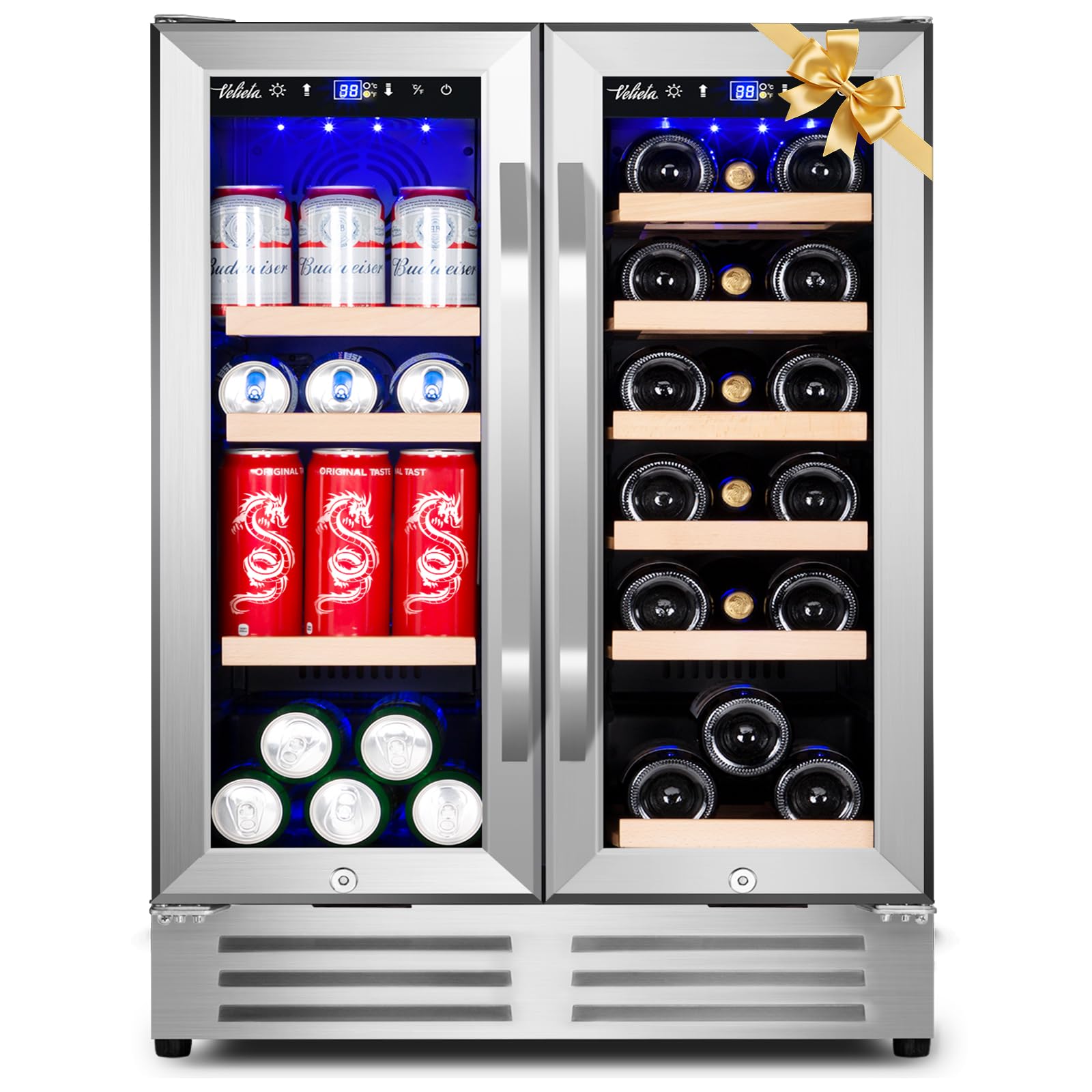 Velieta Wine and Beverage Refrigerator, 24 Inch Dual Zone Fridge with Glass Door