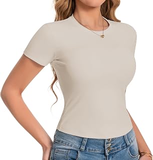 Women's Short Sleeve Fit T-Shirt, Buttery Soft Crop Tops, Slim Y2k Basic Shirt for Workout