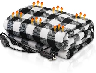 Plainsity Heated Car Blanket,12-Volt Electric Blanket for Car Truck SUV RV Portable Heated Blanket with 2 Heat Levels Camping Essentials by Stalwart (Black + White)