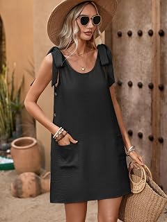 Women Summer Tie Sleeve Mini Dress Casual Fashion Beach Outdoor Tank Dress with Pockets