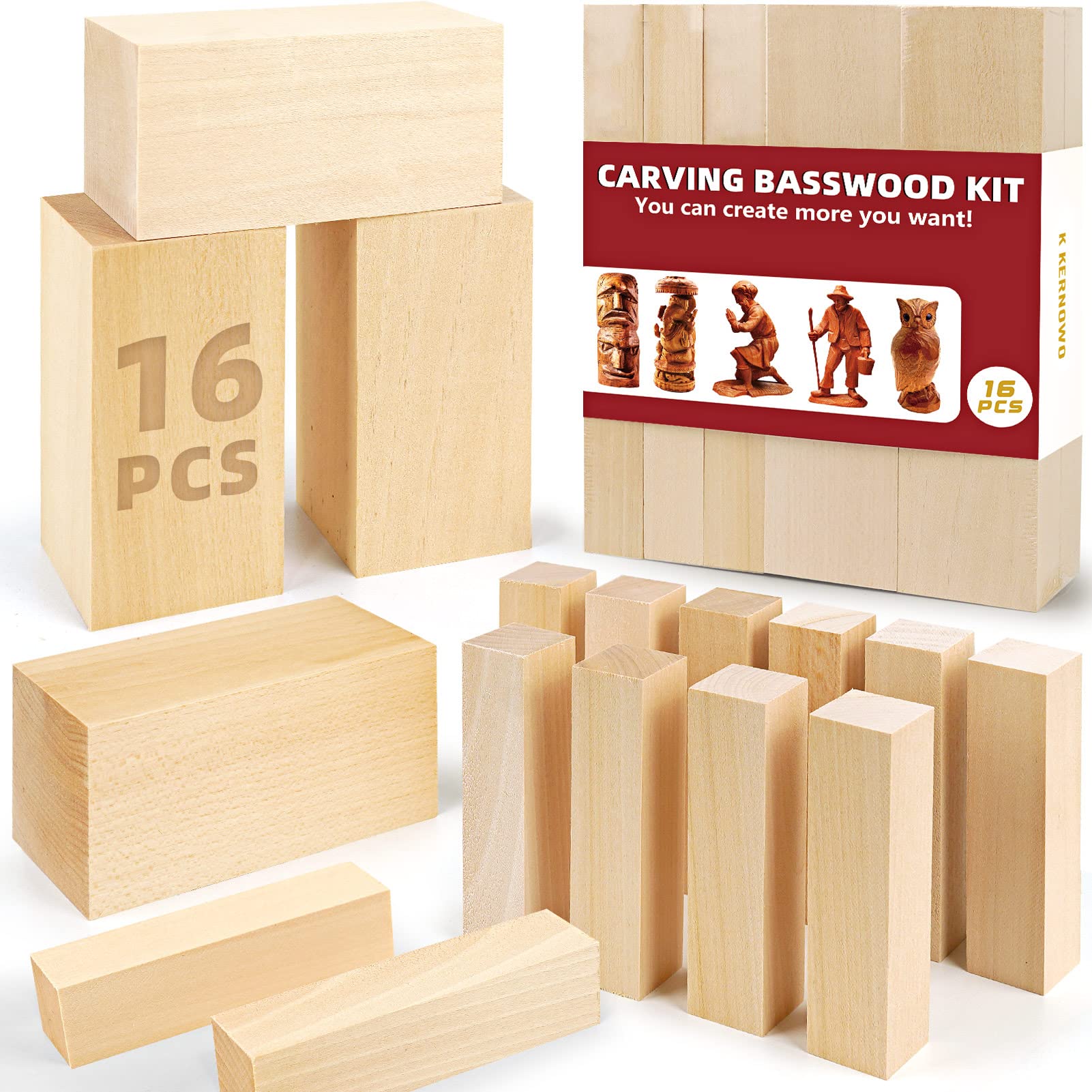 Basswood Carving Blocks, 16PCS Whittling Wood Blocks Kit with 2 Different Sizes,