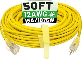 POWGRN 50 ft 12/3 Outdoor Extension Cord Waterproof Heavy Duty with Lighted Indicator End 12 Gauge 3 Prong, Flexible Cold-Resistant Long Power Cord Outside, 15Amp 1875W SJTW Yellow ETL Listed