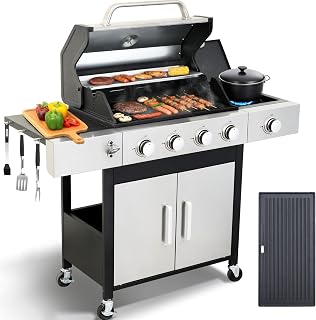 LMNOCHM 4-Burner Propane Gas Grill and Griddle Combo with Side Burner | 49,000 BTU, Cast Iron Grates and Griddle, Double-Wall Stainless Steel Lid, Outdoor Barbecue for Backyard, Patio, Deck