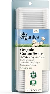 Sky Organics Organic Cotton Swabs 500 Ct, 100% Pure, Natural, Chlorine-Free | Hypoallergenic Organic Cotton For Skincare, Self-Care And Everyday Use. Gentle, Strong, Sustainable, Vegan and Cruelty-Free.