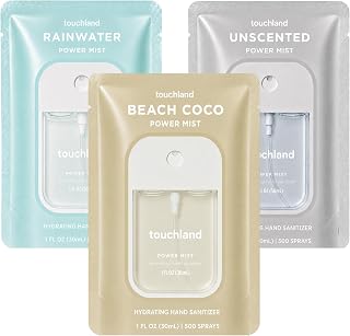 Touchland Dye Free Trio Hydrating Hand Sanitizer Spray Set Travel Size | TSA ready Power Mist with skincare benefits. Rainwater, Beach Coco and Unscented.