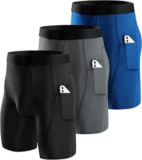 Niksa 3 Pieces Running Tights Men Short Shorts Basic Compression Men Shorts Workout with Cell Phone Pocket Quick Dry Breathable Shorts