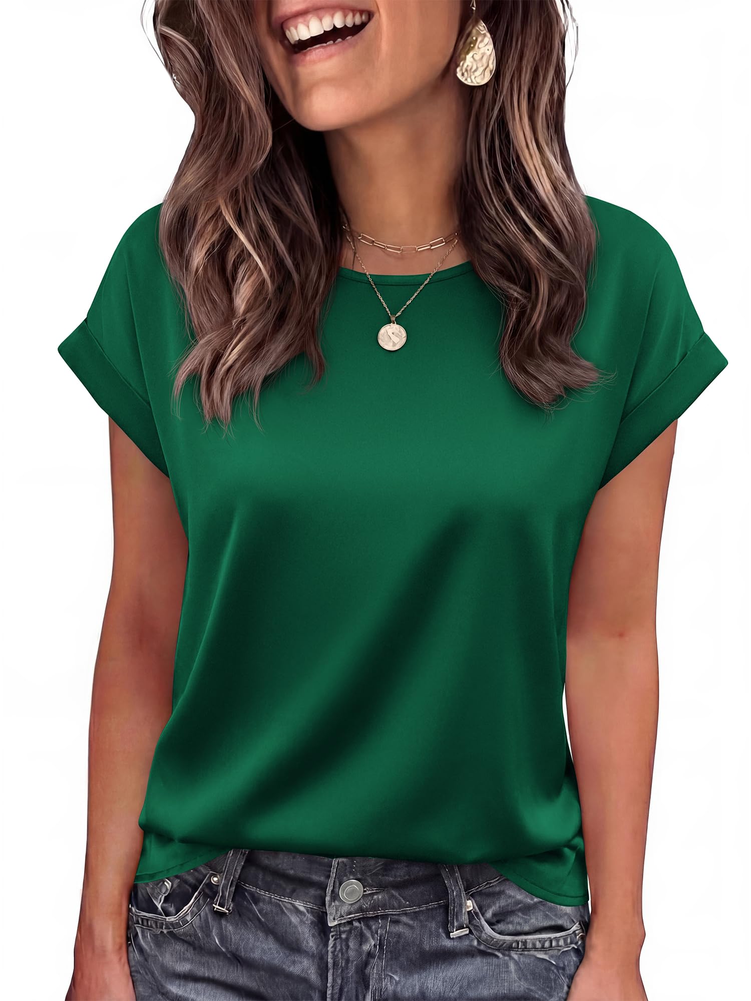 BTFBM Sommer-Tops für Damen, elegante Satin-Blusen, lockerer Rundhalsausschnitt,