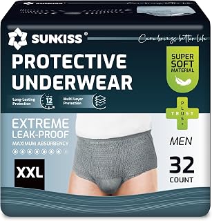 SUNKISS Super Soft Incontinence Underwear for Men, XXLarge, Grey, 32 Count