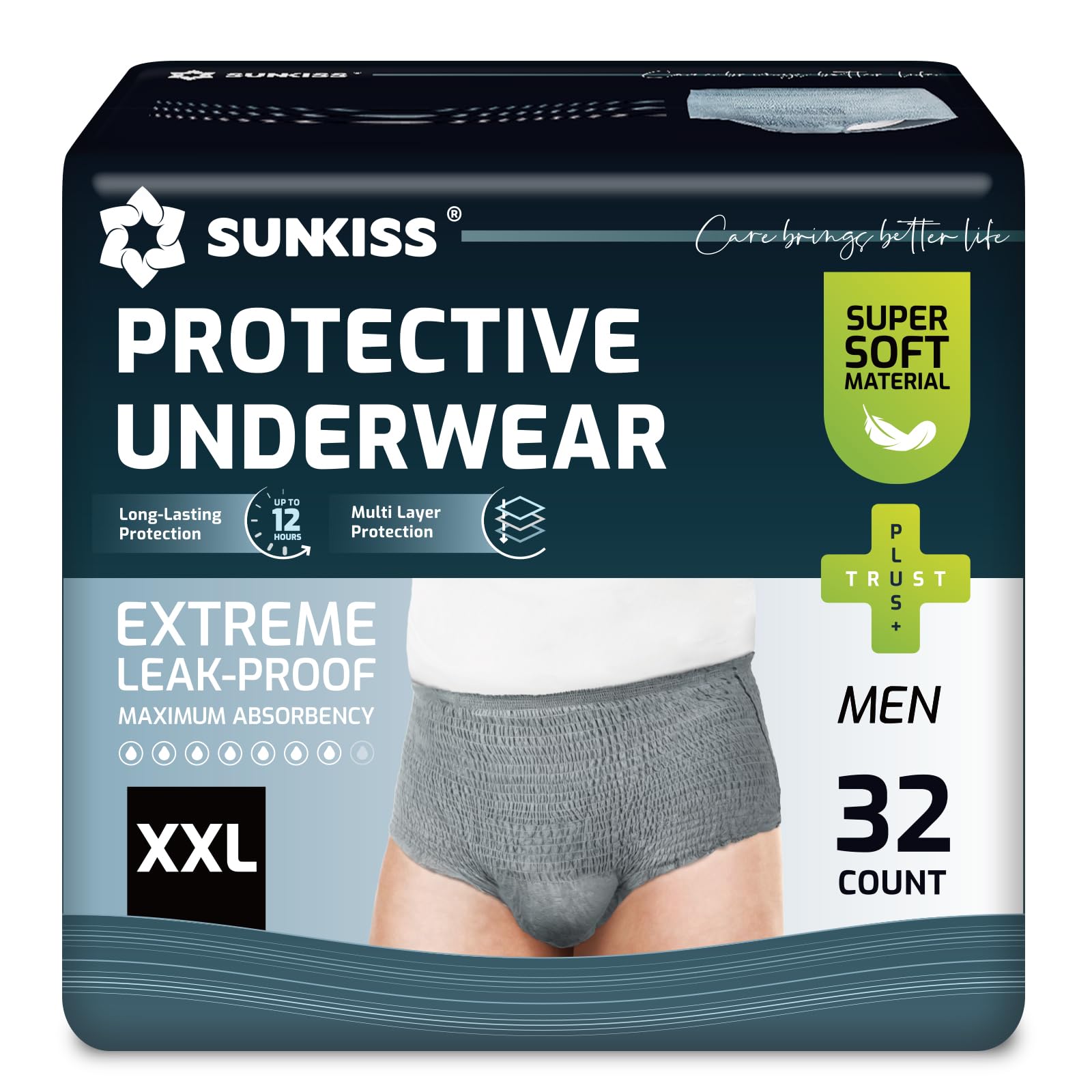 SUNKISS Super Soft Incontinence Underwear for Men, XXLarge, Grey, 32 Count