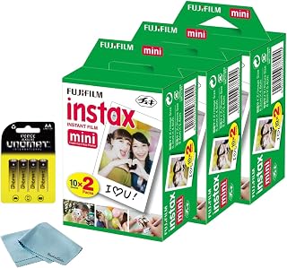 Fujifilm Instax Mini Instant Film, 60 Shots (10 Sheets x 6) – Capture Memories Anytime, Anywhere + BluebirdSales Premium Cleaning Cloth & 8 AA Batteries