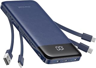 Charmast Power Bank with Built in Cables X 4, 10000mAh Portable Charger | Slim Type C Powerbank 6 Outputs 3 Inputs, LED Display, Travel Essentials, USB C Battery Pack Compatible with iPhone17/Samsung