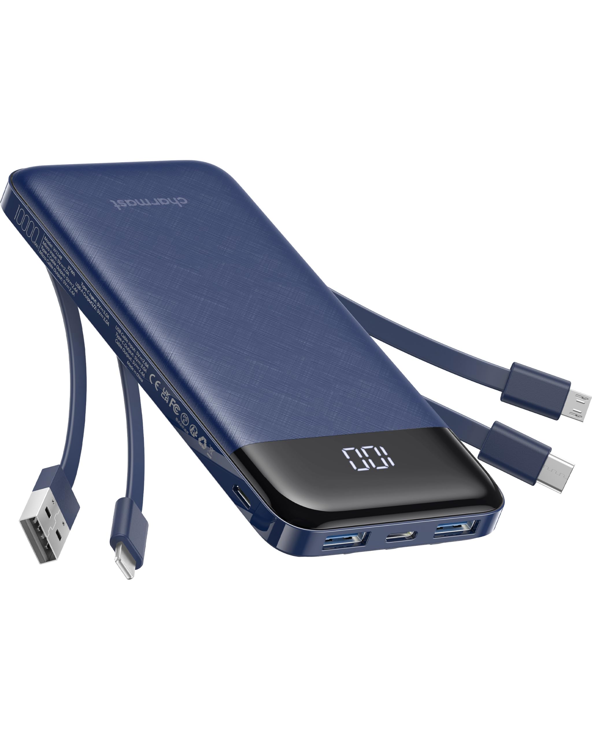 Charmast Power Bank with Built in Cables X 4, 10000mAh Portable Charger | Slim T