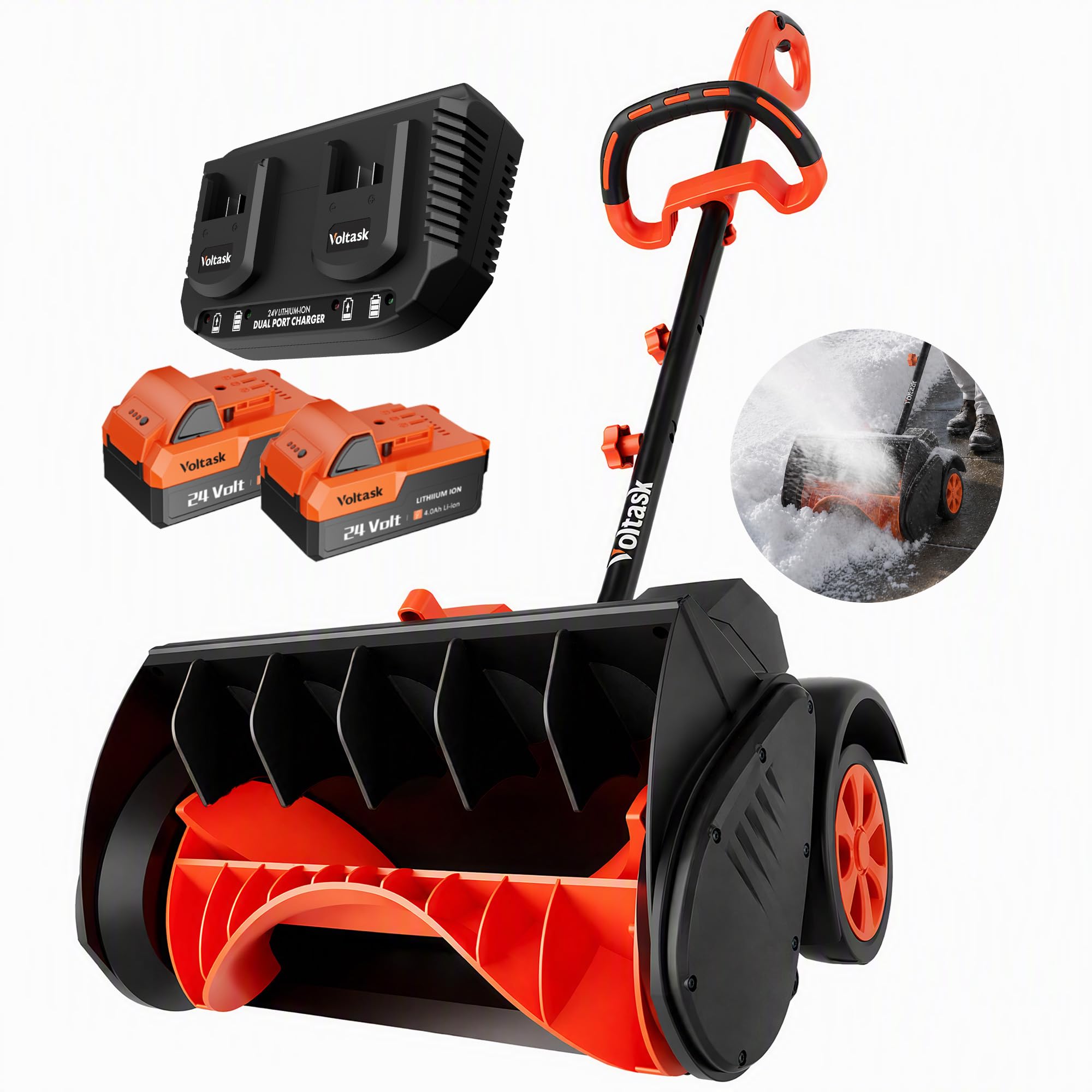 VOLTASK 48V 16-Inch Brushless Cordless Snow Shovel with Wheels, Orange | Battery