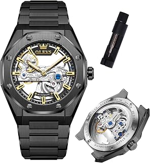 OLEVS Automatic Watches for Men Luxury Mechanical Self Winding Watch Tourbillon Skeleton Watch Business Diamond Waterproof Men Watches Stainless Steel Calendar Wrist Watch Silver/Black/Blue/Gold Face