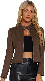 Allegra K Women's Faux Leather Short Biker Jacket with Zip for Motorcycles with Long Sleeves and High Collar